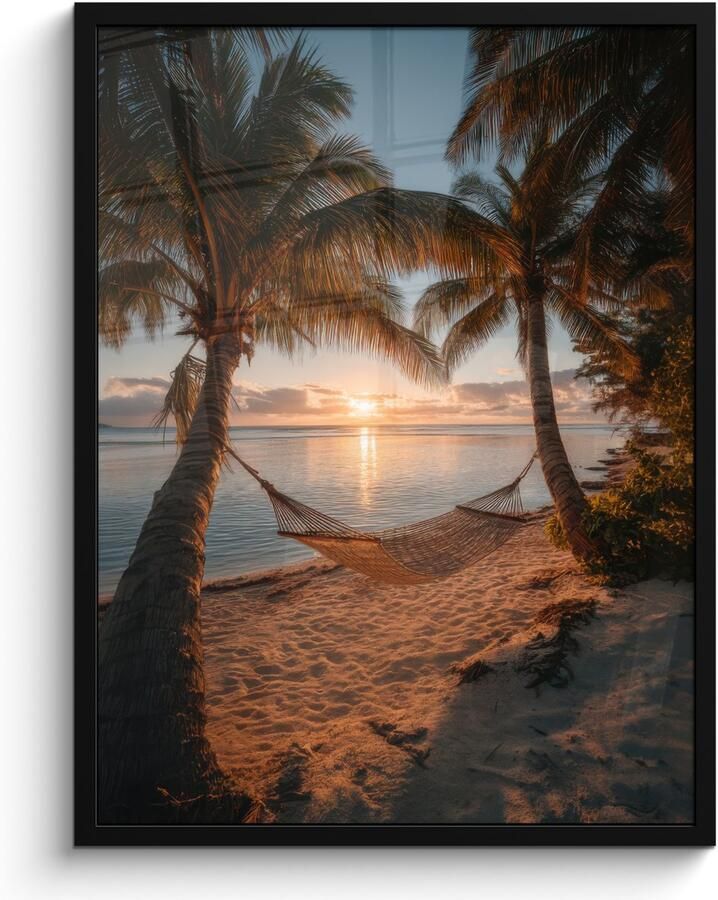 PosterMonkey Poster in lijst Fotolijst 60x80 cm Posters Palmbomen Hangmat Strand Zonsondergang Posterlijst zwart Decoratie Wanddecoratie woonkamer Muurdecoratie slaapkamer