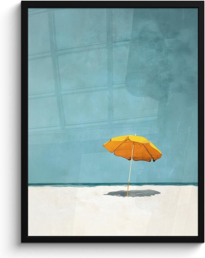PosterMonkey Poster in lijst Fotolijst 60x80 cm Posters Parasol Geel Strand Zee Posterlijst zwart Decoratie Wanddecoratie woonkamer Muurdecoratie slaapkamer
