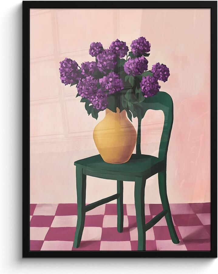 PosterMonkey Poster in lijst Fotolijst 60x80 cm Posters Stoel Vaas Bloemen Geblokt Posterlijst zwart Decoratie Wanddecoratie woonkamer Muurdecoratie slaapkamer