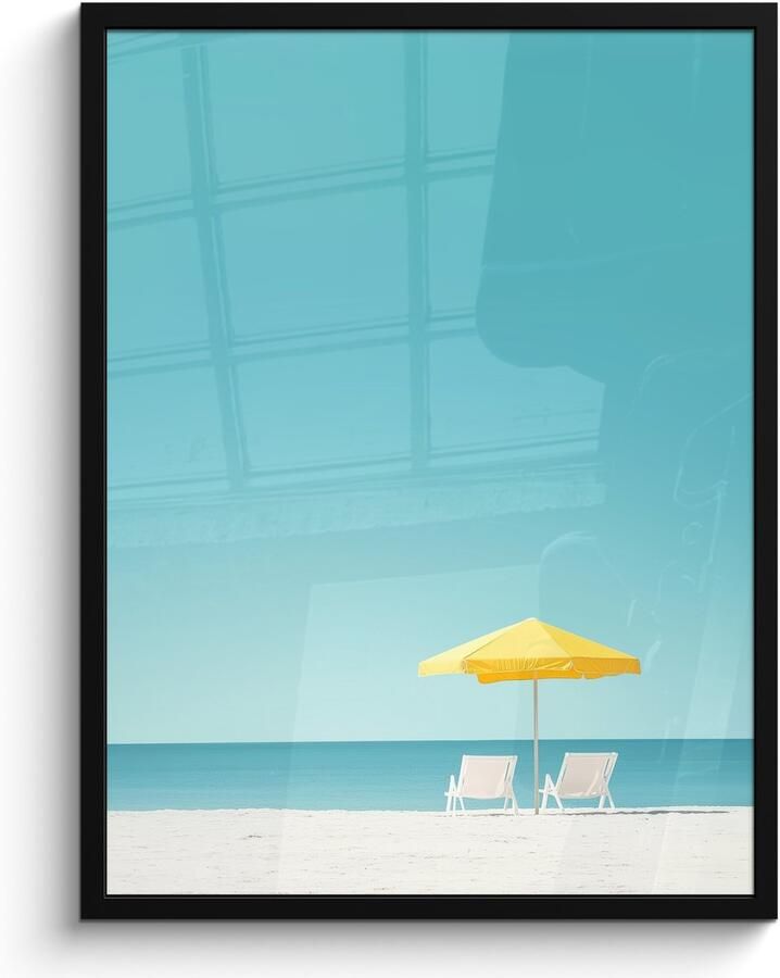 PosterMonkey Poster in lijst Fotolijst 60x80 cm Posters Strand Blauwe lucht Geel Parasol Posterlijst zwart Decoratie Wanddecoratie woonkamer Muurdecoratie slaapkamer