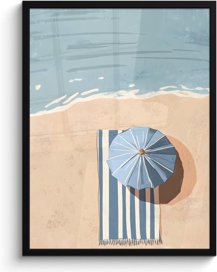 PosterMonkey Poster in lijst Fotolijst 60x80 cm Posters Strandlaken Strepen Parasol Strand Posterlijst zwart Decoratie Wanddecoratie woonkamer Muurdecoratie slaapkamer