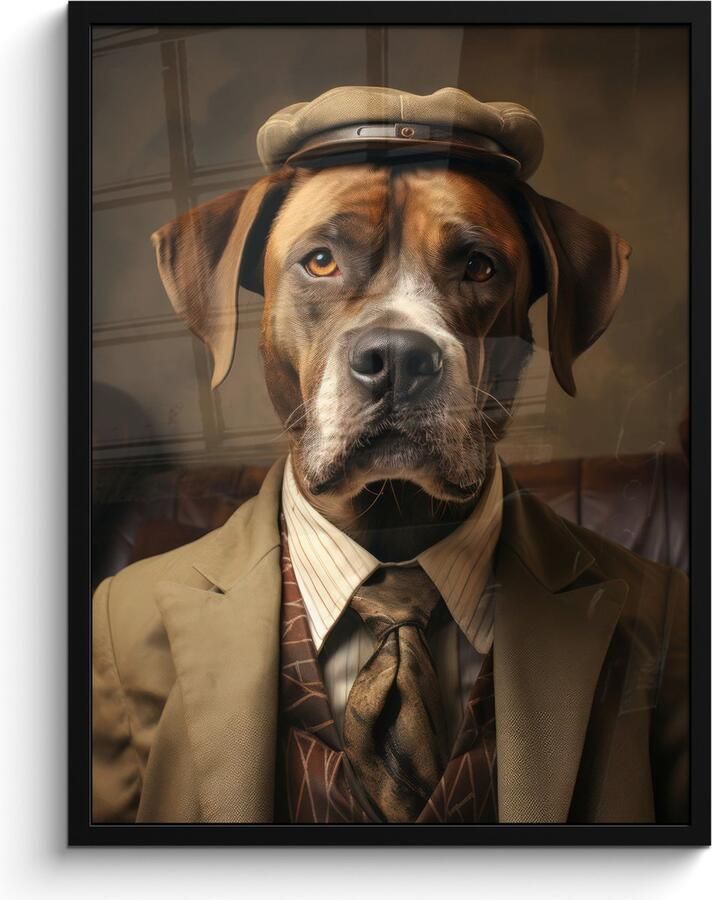 PosterMonkey Fotolijst inclusief poster Posterlijst 60x80 cm Posters Vintage Hond Hoed Pak Bank Bruin Foto in lijst decoratie Wanddecoratie woonkamer Muurdecoratie slaapkamer