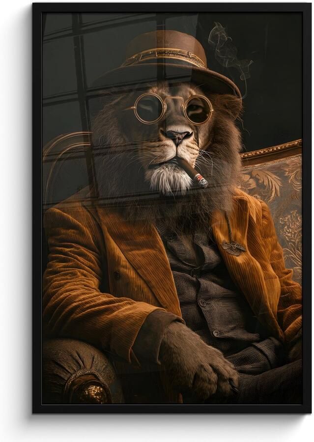 PosterMonkey Poster in lijst Fotolijst 60x90 cm Posters Bril Leeuw Bank Hoed Posterlijst zwart Decoratie Wanddecoratie woonkamer Muurdecoratie slaapkamer