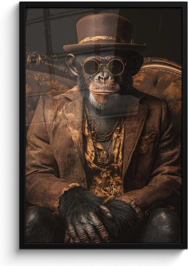 PosterMonkey Poster in lijst Fotolijst 60x90 cm Posters Chimpansee Stoel Pak Bruin Posterlijst zwart Decoratie Wanddecoratie woonkamer Muurdecoratie slaapkamer
