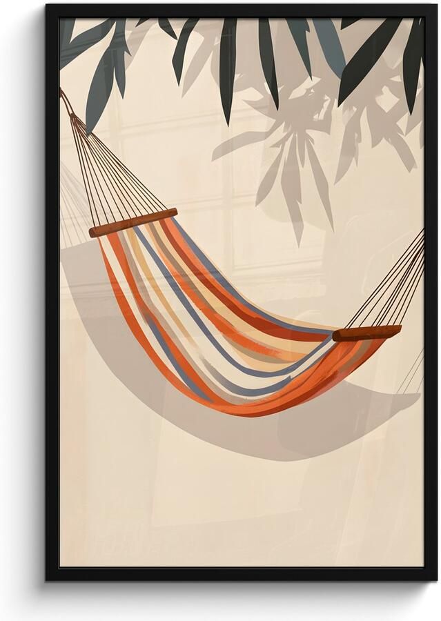 PosterMonkey Poster in lijst Fotolijst 60x90 cm Posters Hangmat Kleurrijk Bladeren Schaduw Posterlijst zwart Decoratie Wanddecoratie woonkamer Muurdecoratie slaapkamer