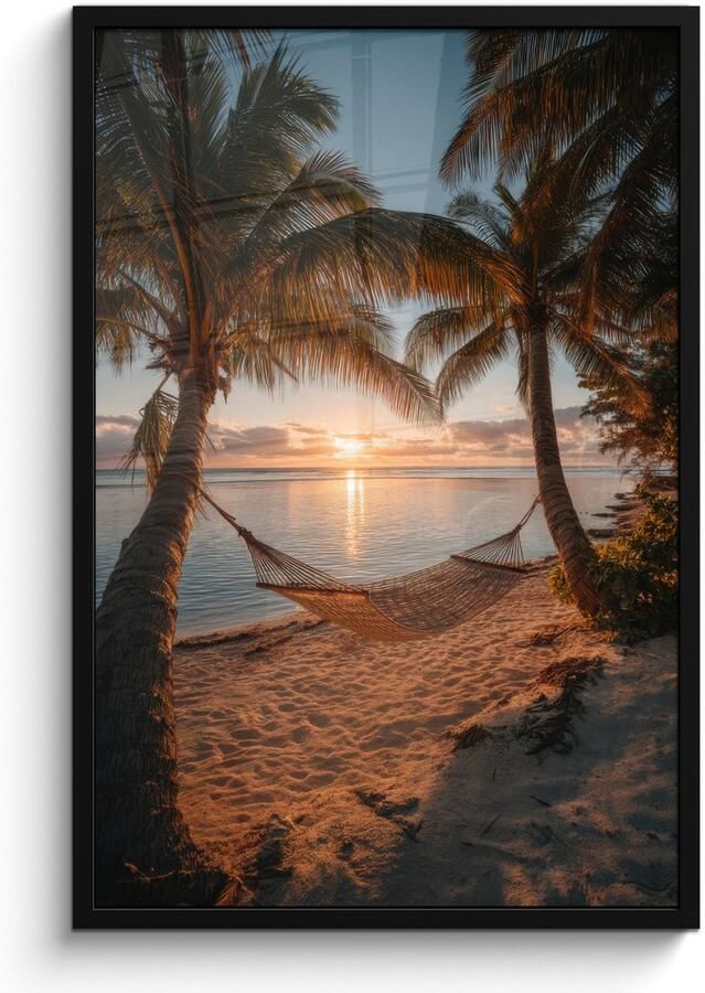 PosterMonkey Poster in lijst Fotolijst 60x90 cm Posters Palmbomen Hangmat Strand Zonsondergang Posterlijst zwart Decoratie Wanddecoratie woonkamer Muurdecoratie slaapkamer