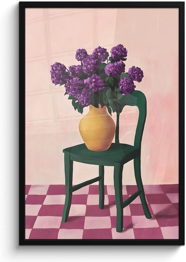 PosterMonkey Poster in lijst Fotolijst 60x90 cm Posters Stoel Vaas Bloemen Geblokt Posterlijst zwart Decoratie Wanddecoratie woonkamer Muurdecoratie slaapkamer