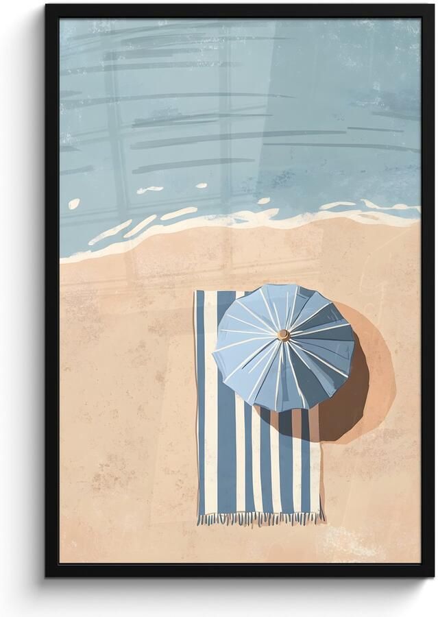 PosterMonkey Poster in lijst Fotolijst 60x90 cm Posters Strandlaken Strepen Parasol Strand Posterlijst zwart Decoratie Wanddecoratie woonkamer Muurdecoratie slaapkamer