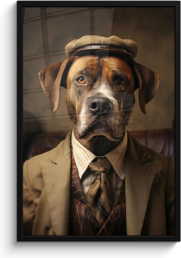 PosterMonkey Fotolijst inclusief poster Posterlijst 60x90 cm Posters Vintage Hond Hoed Pak Bank Bruin Foto in lijst decoratie Wanddecoratie woonkamer Muurdecoratie slaapkamer