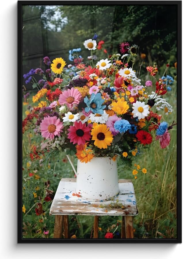 PosterMonkey Poster in lijst Fotolijst 80x120 cm Posters Bloemen Krukje Gieter Veld Posterlijst zwart Decoratie Wanddecoratie woonkamer Muurdecoratie slaapkamer