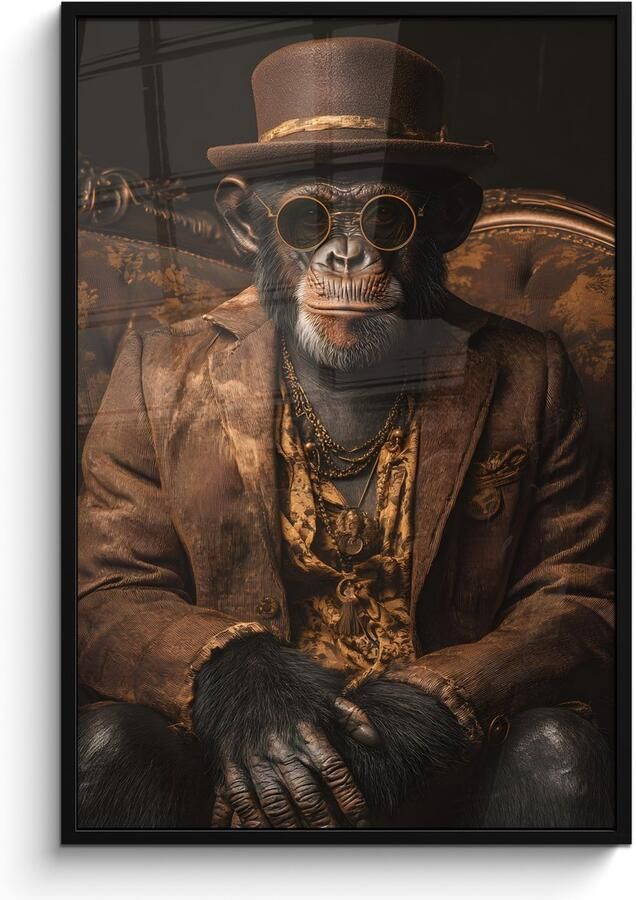 PosterMonkey Poster in lijst Fotolijst 80x120 cm Posters Chimpansee Stoel Pak Bruin Posterlijst zwart Decoratie Wanddecoratie woonkamer Muurdecoratie slaapkamer