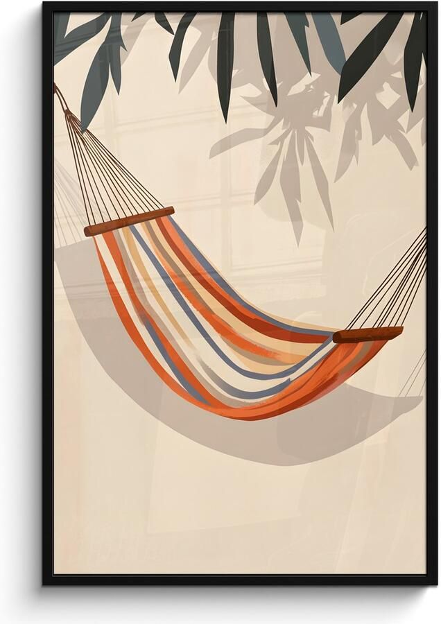 PosterMonkey Poster in lijst Fotolijst 80x120 cm Posters Hangmat Kleurrijk Bladeren Schaduw Posterlijst zwart Decoratie Wanddecoratie woonkamer Muurdecoratie slaapkamer