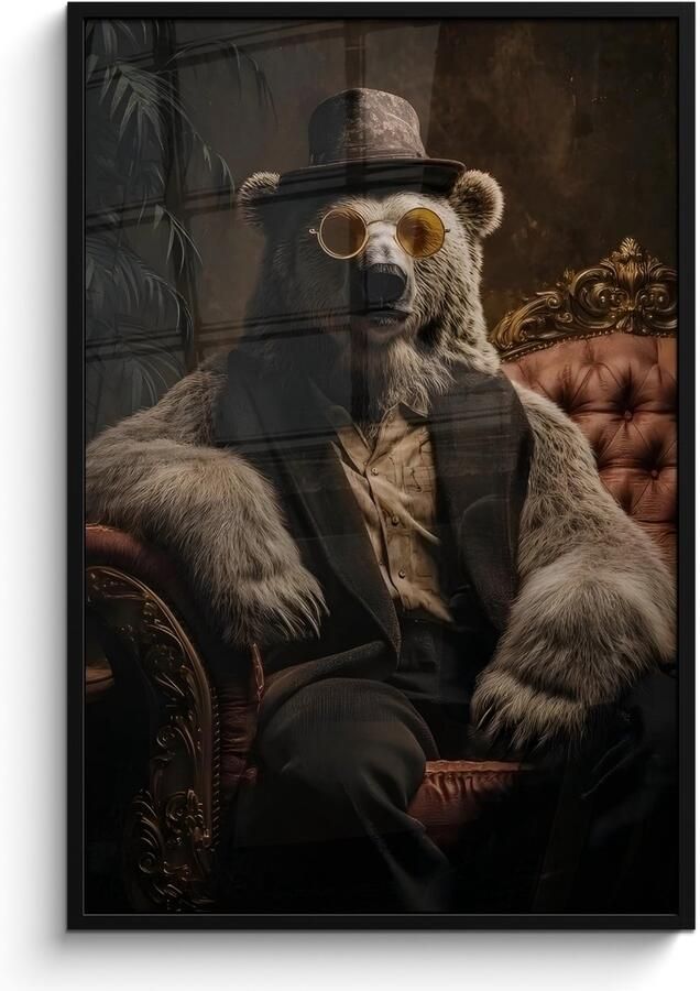 PosterMonkey Poster in lijst Fotolijst 80x120 cm Posters Ijsbeer Hoed Bril Stoel Posterlijst zwart Decoratie Wanddecoratie woonkamer Muurdecoratie slaapkamer