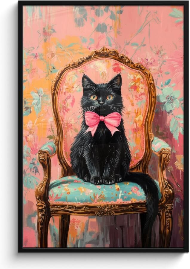 PosterMonkey Poster in lijst Fotolijst 80x120 cm Posters Kat Roze Stoel met bloemenmotief Posterlijst zwart Decoratie Wanddecoratie woonkamer Muurdecoratie slaapkamer