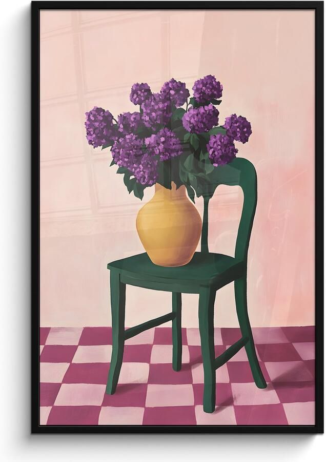 PosterMonkey Poster in lijst Fotolijst 80x120 cm Posters Stoel Vaas Bloemen Geblokt Posterlijst zwart Decoratie Wanddecoratie woonkamer Muurdecoratie slaapkamer