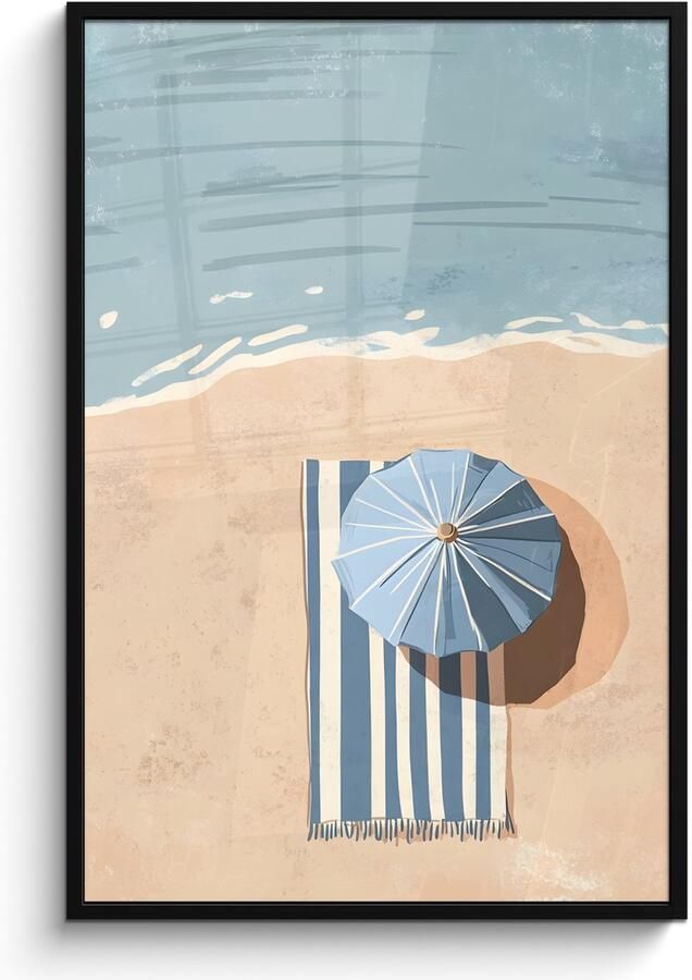 PosterMonkey Poster in lijst Fotolijst 80x120 cm Posters Strandlaken Strepen Parasol Strand Posterlijst zwart Decoratie Wanddecoratie woonkamer Muurdecoratie slaapkamer