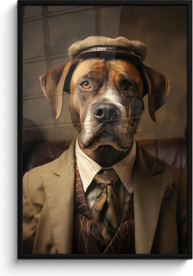 PosterMonkey Fotolijst inclusief poster Posterlijst 80x120 cm Posters Vintage Hond Hoed Pak Bank Bruin Foto in lijst decoratie Wanddecoratie woonkamer Muurdecoratie slaapkamer