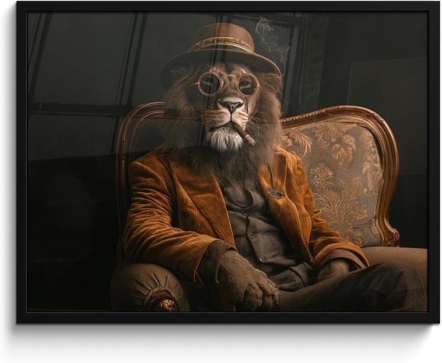 PosterMonkey Poster in lijst Fotolijst 80x60 cm Posters Bril Leeuw Bank Hoed Posterlijst zwart Decoratie Wanddecoratie woonkamer Muurdecoratie slaapkamer