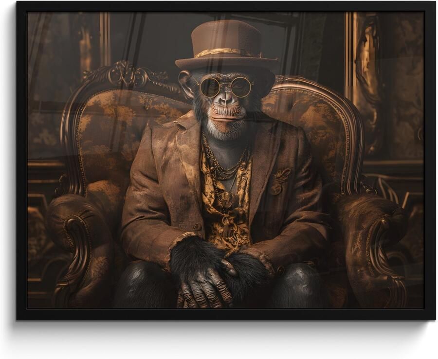 PosterMonkey Poster in lijst Fotolijst 80x60 cm Posters Chimpansee Stoel Pak Bruin Posterlijst zwart Decoratie Wanddecoratie woonkamer Muurdecoratie slaapkamer