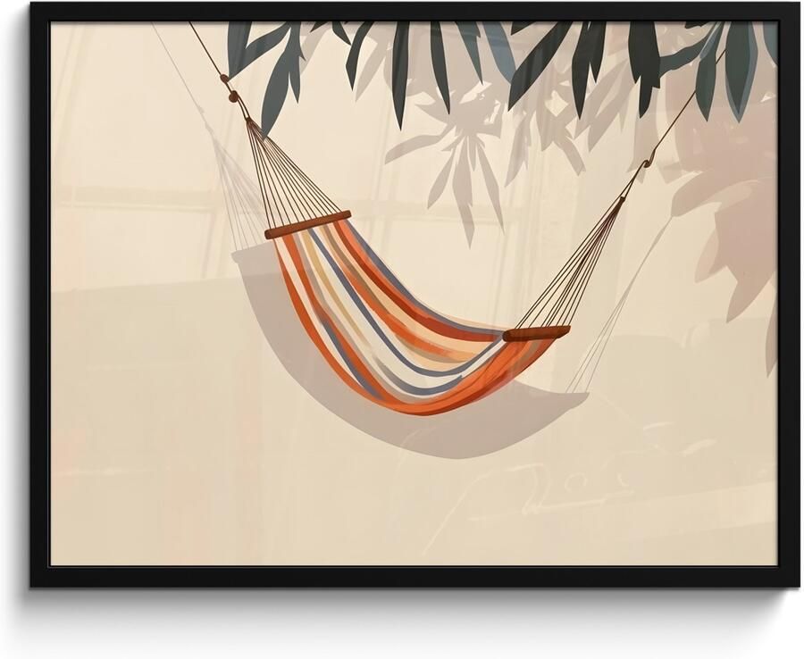 PosterMonkey Poster in lijst Fotolijst 80x60 cm Posters Hangmat Kleurrijk Bladeren Schaduw Posterlijst zwart Decoratie Wanddecoratie woonkamer Muurdecoratie slaapkamer