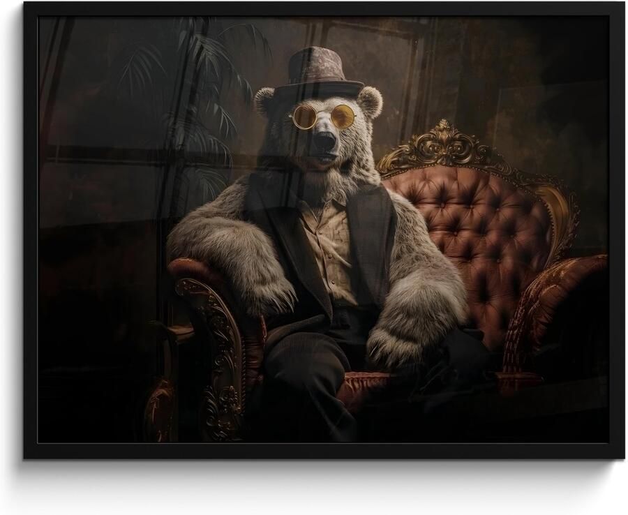 PosterMonkey Poster in lijst Fotolijst 80x60 cm Posters Ijsbeer Hoed Bril Stoel Posterlijst zwart Decoratie Wanddecoratie woonkamer Muurdecoratie slaapkamer
