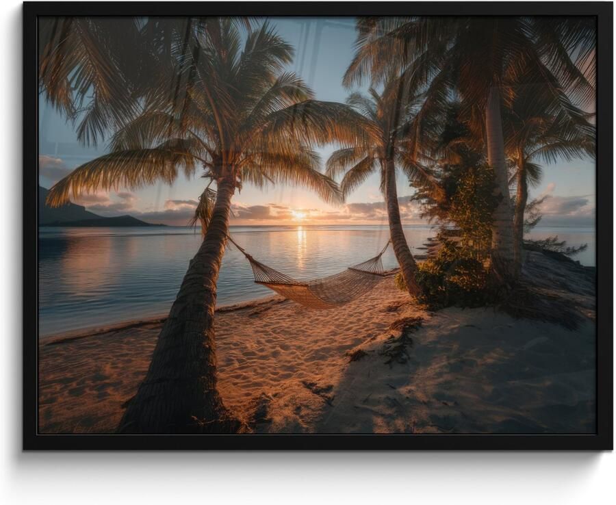 PosterMonkey Poster in lijst Fotolijst 80x60 cm Posters Palmbomen Hangmat Strand Zonsondergang Posterlijst zwart Decoratie Wanddecoratie woonkamer Muurdecoratie slaapkamer