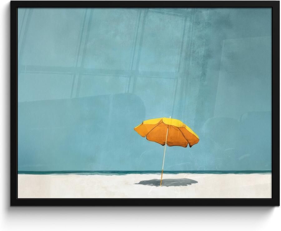 PosterMonkey Poster in lijst Fotolijst 80x60 cm Posters Parasol Geel Strand Zee Posterlijst zwart Decoratie Wanddecoratie woonkamer Muurdecoratie slaapkamer