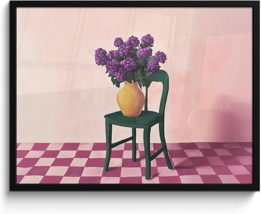 PosterMonkey Poster in lijst Fotolijst 80x60 cm Posters Stoel Vaas Bloemen Geblokt Posterlijst zwart Decoratie Wanddecoratie woonkamer Muurdecoratie slaapkamer