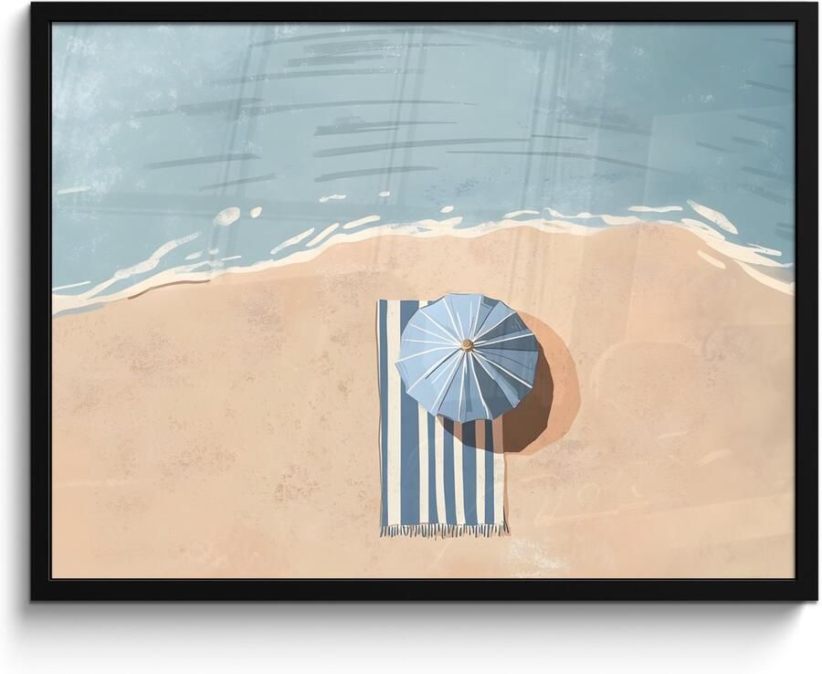 PosterMonkey Poster in lijst Fotolijst 80x60 cm Posters Strandlaken Strepen Parasol Strand Posterlijst zwart Decoratie Wanddecoratie woonkamer Muurdecoratie slaapkamer