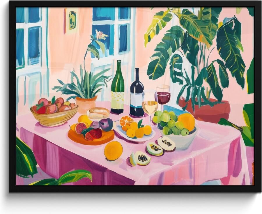 FrameYourWall Poster in lijst Fotolijst 80x60 cm Posters Tafel Wijn Fruit Posterlijst zwart Decoratie Wanddecoratie woonkamer Muurdecoratie slaapkamer