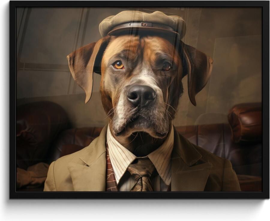 PosterMonkey Fotolijst inclusief poster Posterlijst 80x60 cm Posters Vintage Hond Hoed Pak Bank Bruin Foto in lijst decoratie Wanddecoratie woonkamer Muurdecoratie slaapkamer
