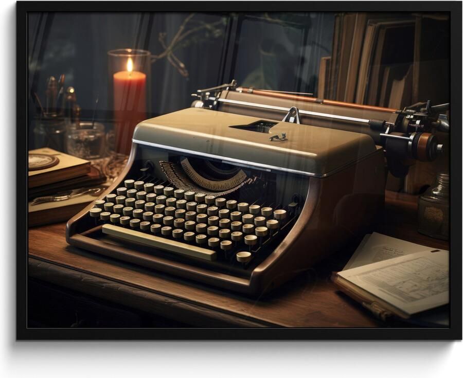 PosterMonkey Fotolijst inclusief poster Posterlijst 80x60 cm Posters Vintage Typmachine Kaars Oud Bureau Foto in lijst decoratie Wanddecoratie woonkamer Muurdecoratie slaapkamer