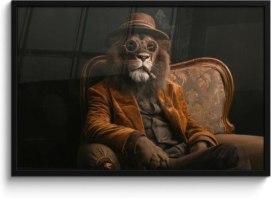 PosterMonkey Poster in lijst Fotolijst 90x60 cm Posters Bril Leeuw Bank Hoed Posterlijst zwart Decoratie Wanddecoratie woonkamer Muurdecoratie slaapkamer