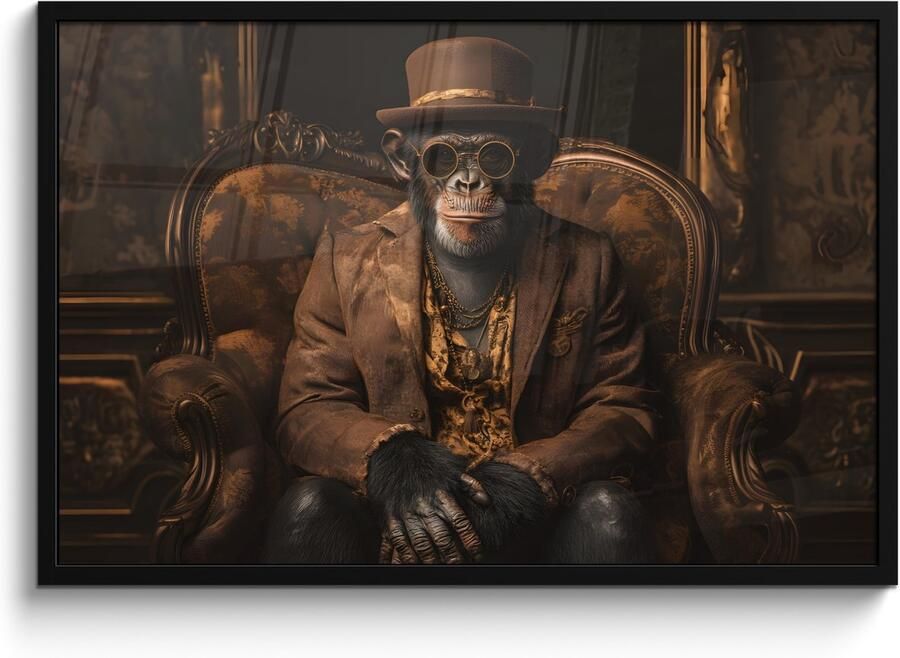 PosterMonkey Poster in lijst Fotolijst 90x60 cm Posters Chimpansee Stoel Pak Bruin Posterlijst zwart Decoratie Wanddecoratie woonkamer Muurdecoratie slaapkamer