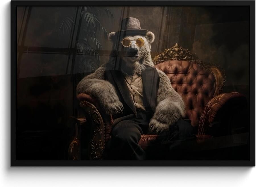 PosterMonkey Poster in lijst Fotolijst 90x60 cm Posters Ijsbeer Hoed Bril Stoel Posterlijst zwart Decoratie Wanddecoratie woonkamer Muurdecoratie slaapkamer
