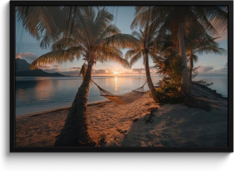 PosterMonkey Poster in lijst Fotolijst 90x60 cm Posters Palmbomen Hangmat Strand Zonsondergang Posterlijst zwart Decoratie Wanddecoratie woonkamer Muurdecoratie slaapkamer