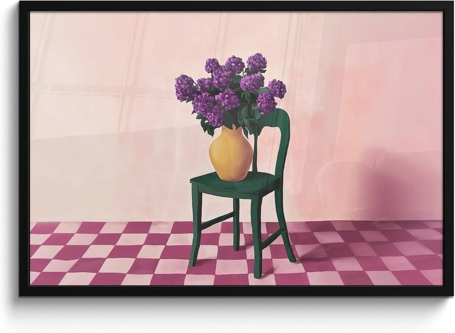 PosterMonkey Poster in lijst Fotolijst 90x60 cm Posters Stoel Vaas Bloemen Geblokt Posterlijst zwart Decoratie Wanddecoratie woonkamer Muurdecoratie slaapkamer