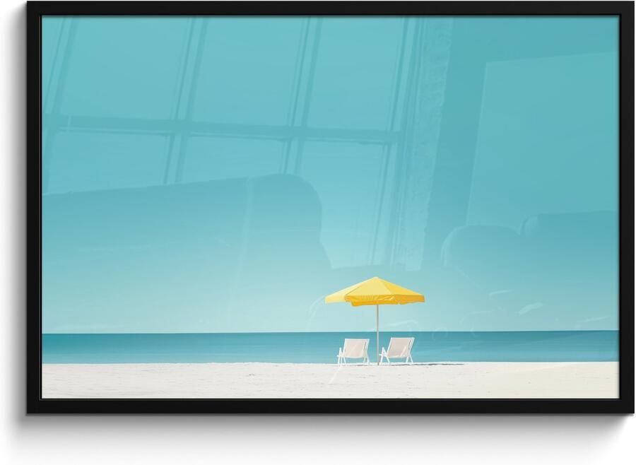 PosterMonkey Poster in lijst Fotolijst 90x60 cm Posters Strand Blauwe lucht Geel Parasol Posterlijst zwart Decoratie Wanddecoratie woonkamer Muurdecoratie slaapkamer