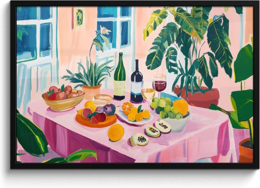 FrameYourWall Poster in lijst Fotolijst 90x60 cm Posters Tafel Wijn Fruit Posterlijst zwart Decoratie Wanddecoratie woonkamer Muurdecoratie slaapkamer