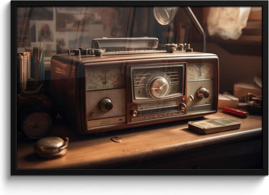 PosterMonkey Fotolijst inclusief poster Posterlijst 90x60 cm Posters Vintage Radio Oud Bureau Lamp Foto in lijst decoratie Wanddecoratie woonkamer Muurdecoratie slaapkamer