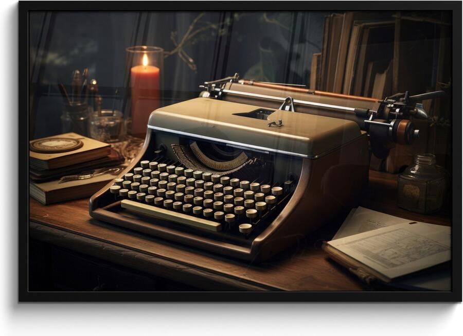 PosterMonkey Fotolijst inclusief poster Posterlijst 90x60 cm Posters Vintage Typmachine Kaars Oud Bureau Foto in lijst decoratie Wanddecoratie woonkamer Muurdecoratie slaapkamer