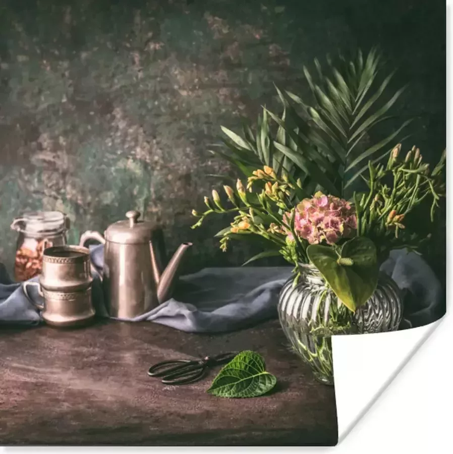 PosterMonkey Stilleven rustieke tafel poster papier 75x75 cm Foto print op Poster (wanddecoratie woonkamer slaapkamer) Bloemen Poster