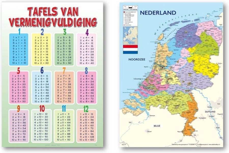 Posterpoint Nederland kaart en Tafels van vermenigvuldiging poster Set van twee posters Educatief Formaat 50 x 70 cm