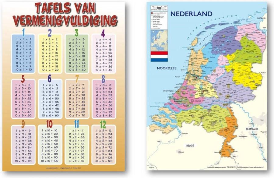 Posterpoint Nederland kaart poster en Tafel van vermenigvuldiging poster Set van twee posters 50 x 70 cm
