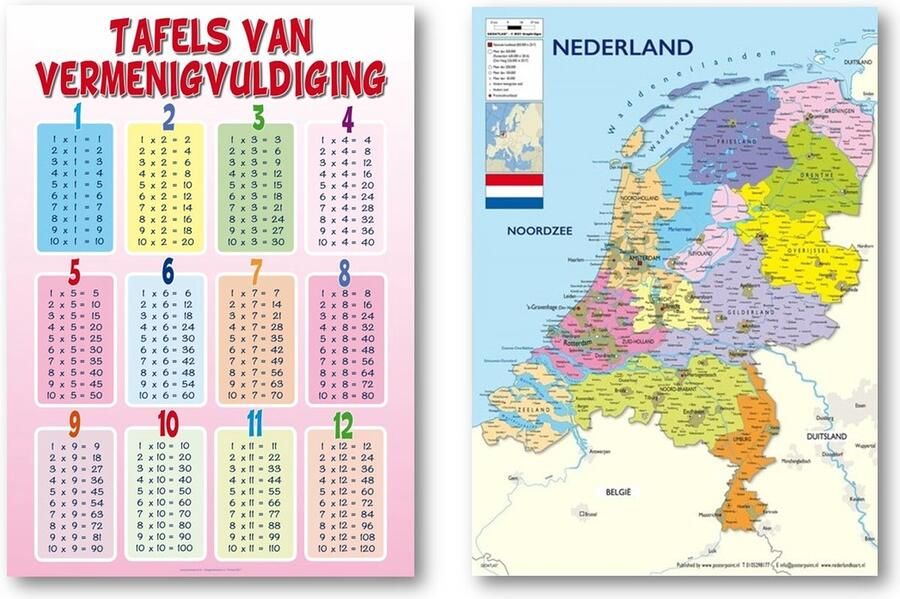 Posterpoint Nederland kaart en Tafels van vermenigvuldiging poster Set van twee posters Educatief Roze tafel poster Formaat 50 x 70 cm