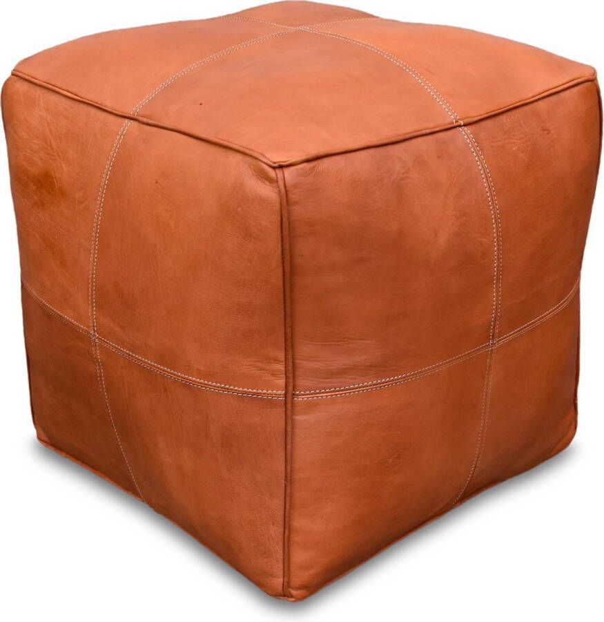 Poufs&Pillows Leren poef Cognac Vierkant Modern Handgemaakt 40 × 40 × 40 cm Gevuld geleverd