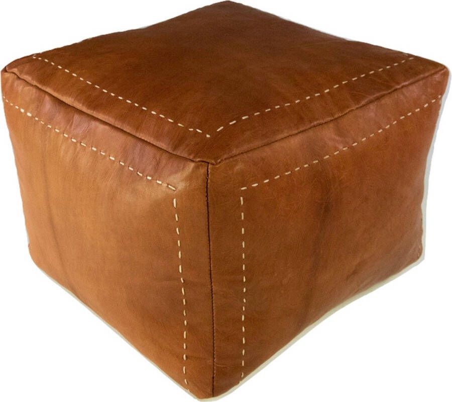 Poufs&Pillows Leren poef Cognac Vierkante poef met stiksel Handgemaakt en uniek 40 × 40 × 35cm Gevuld geleverd