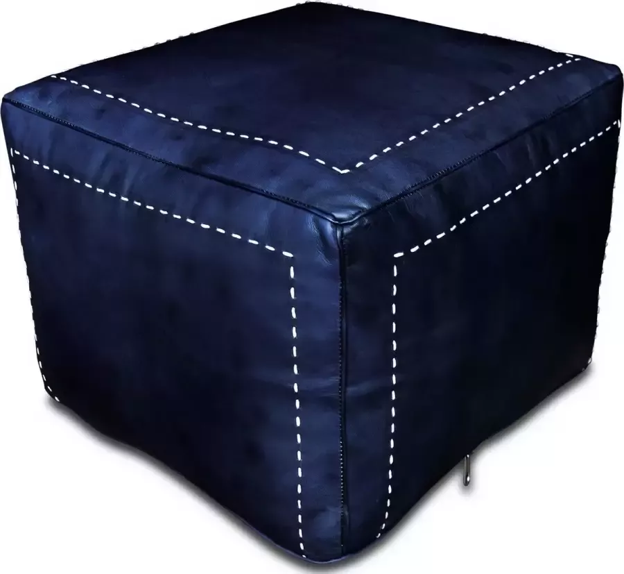 Poufs&Pillows Leren poef Donkerblauw Vierkant Met stiksel Handgemaakt 40 × 40 × 35 cm Gevuld geleverd
