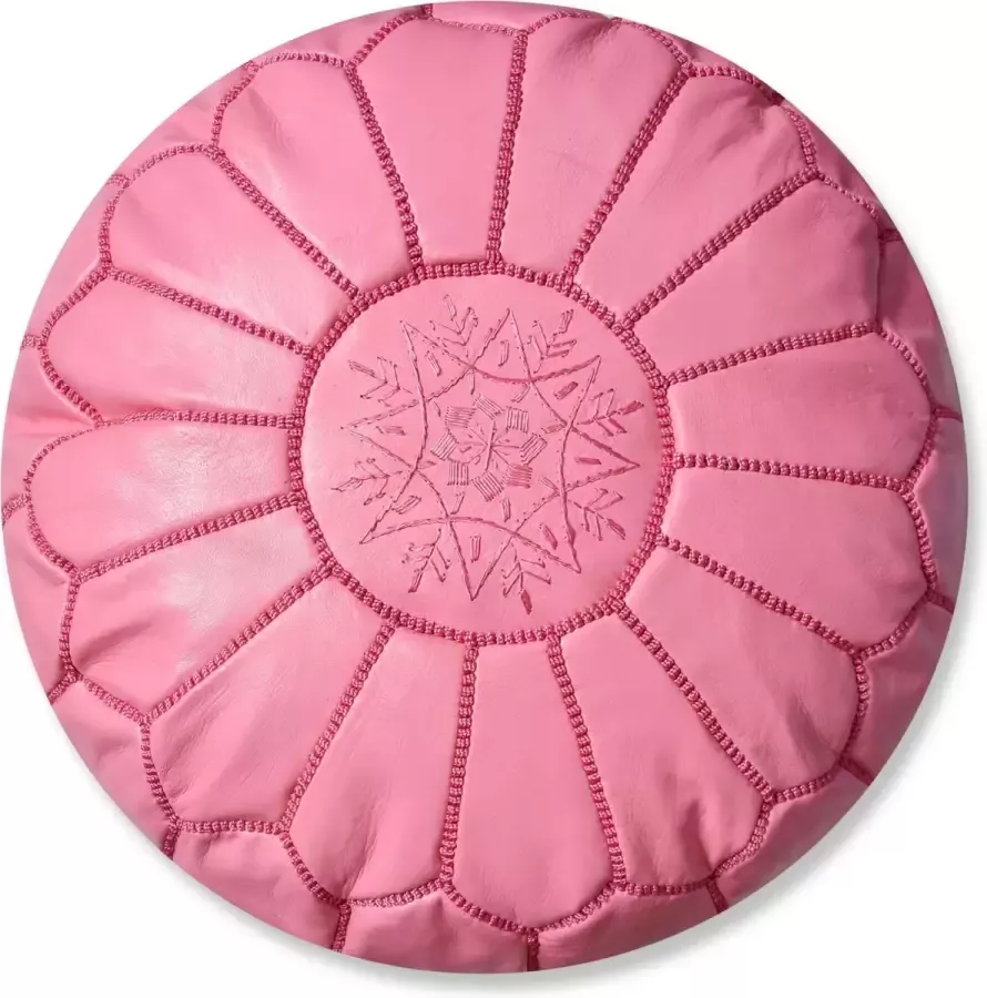 Poufs&Pillows Poef rond Poef roze van leer Handgemaakt en stijlvol Gevuld geleverd