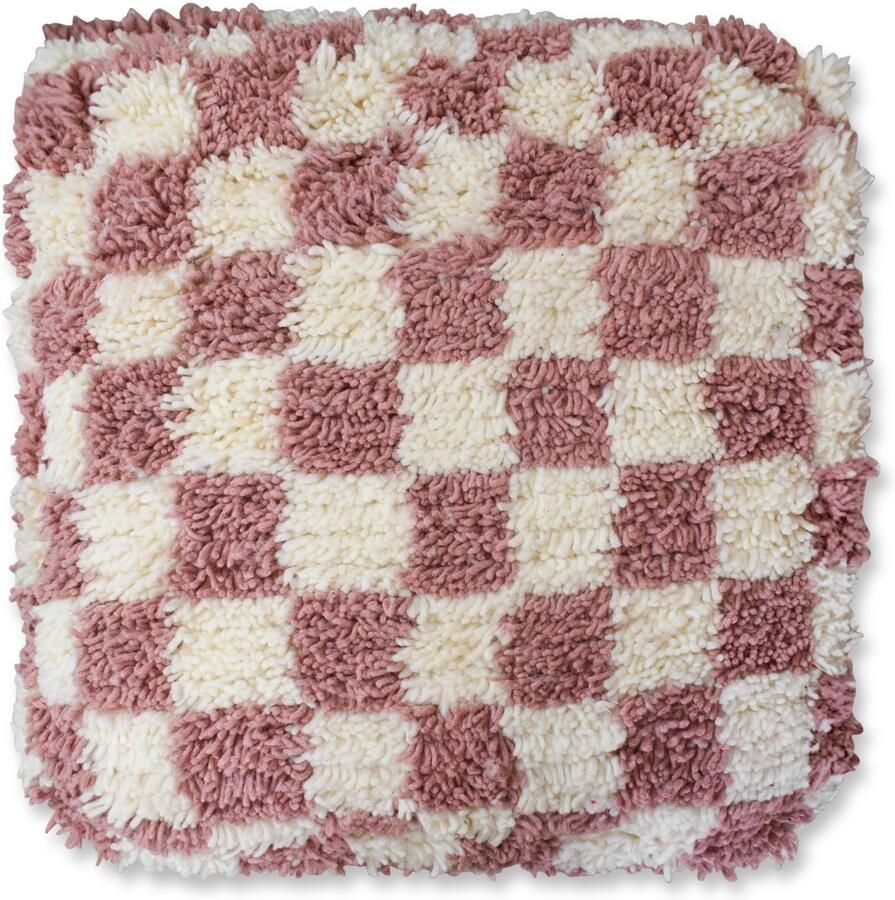 Poufs&Pillows geblokt vloerkussen handgeweven roze & wit kussen 100 % wol 60 x 60 x 20 cm gevuld geleverd vervaardigd uit natuurlijke materialen palletkussen
